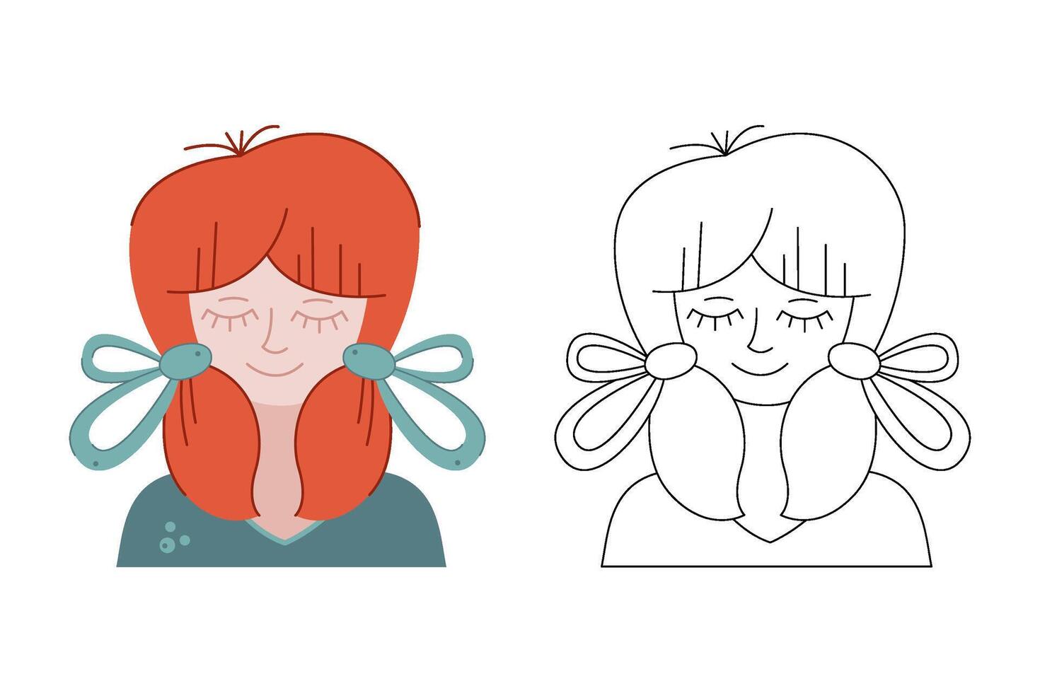 ein Mädchen mit rot Haar und zwei Verbeugungen. Gekritzel Vektor Illustration.