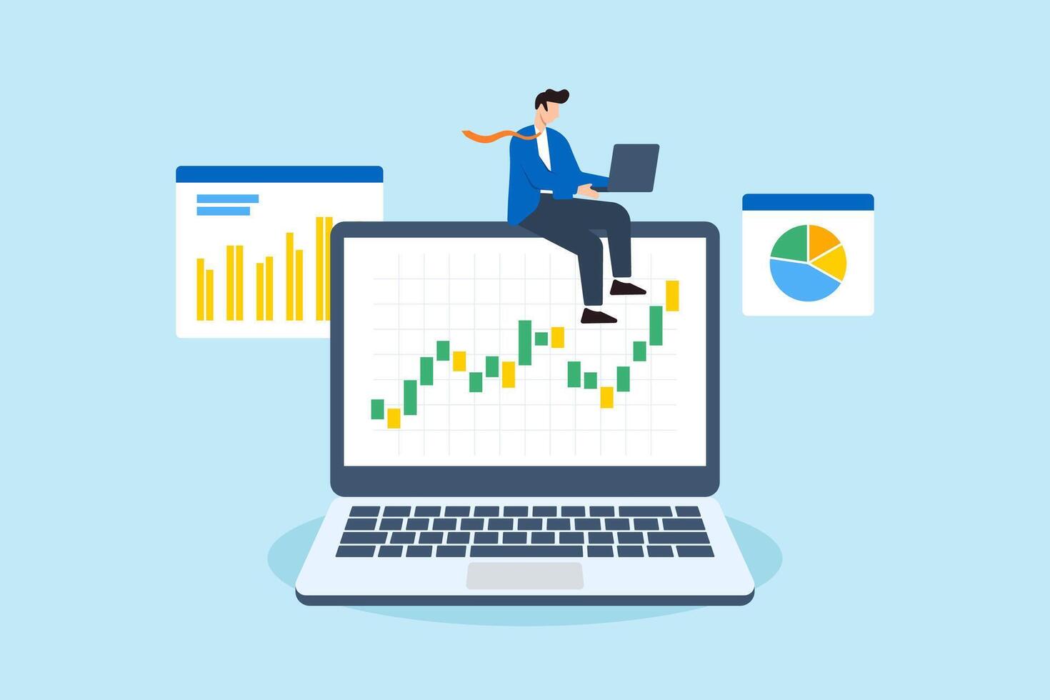 Geschäftsmann mit Laptop zu analysieren Forex Handel Grafiken und finanziell Daten, illustrieren Kryptowährung investieren. Konzept von technisch Analyse zum Investitionen, und studieren Lager Markt vektor