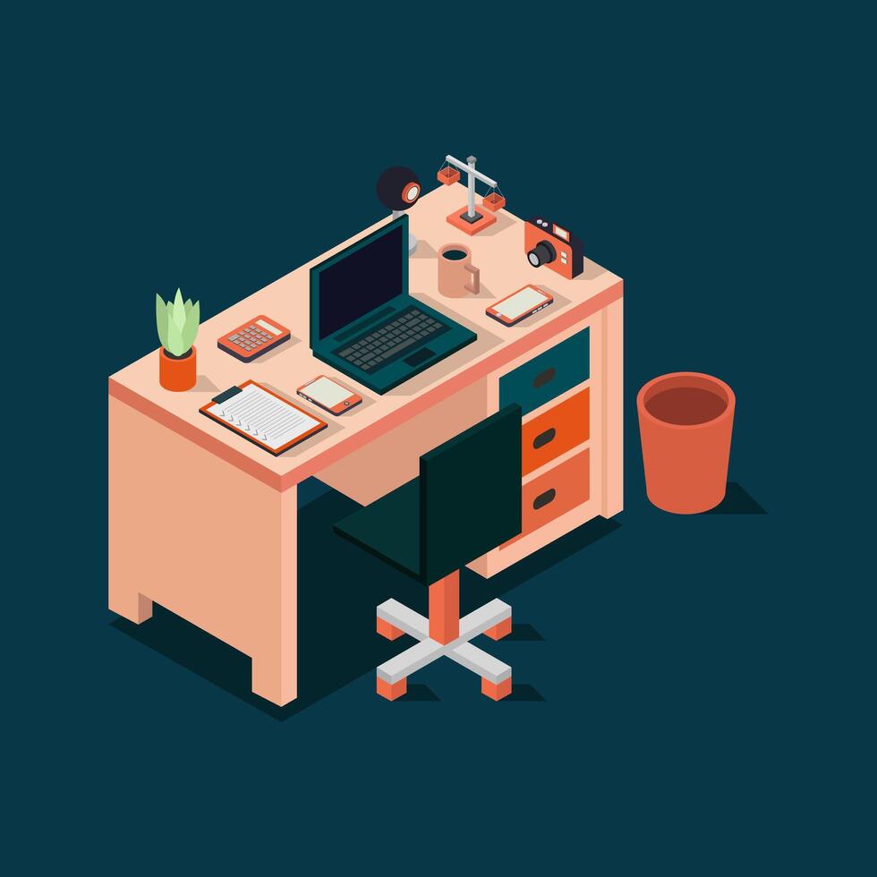 illustriert isometrisch Büro Schreibtisch vektor