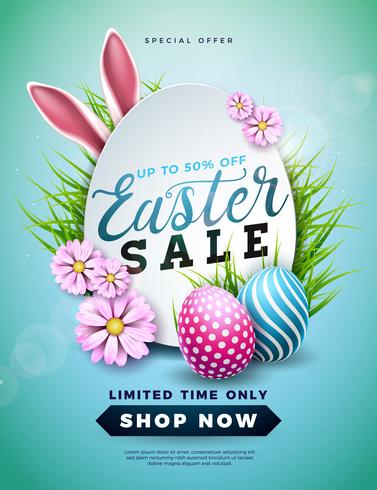 Ostern-Verkaufs-Illustration mit Farbe gemaltem Ei, Frühlings-Blume und den Kaninchen-Ohren auf blauem Hintergrund vektor