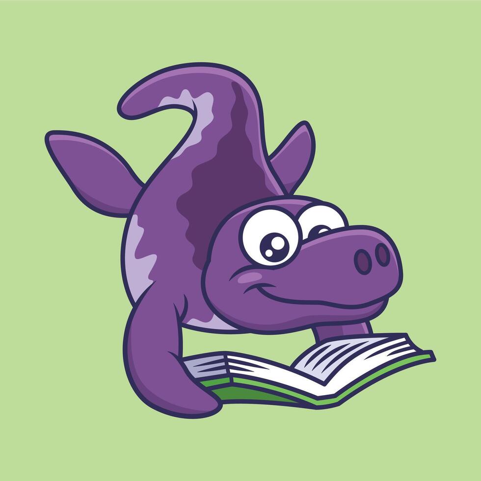 söt dinosaurie mosasaurus läsning en bok karaktär tecknad serie vektor illustration
