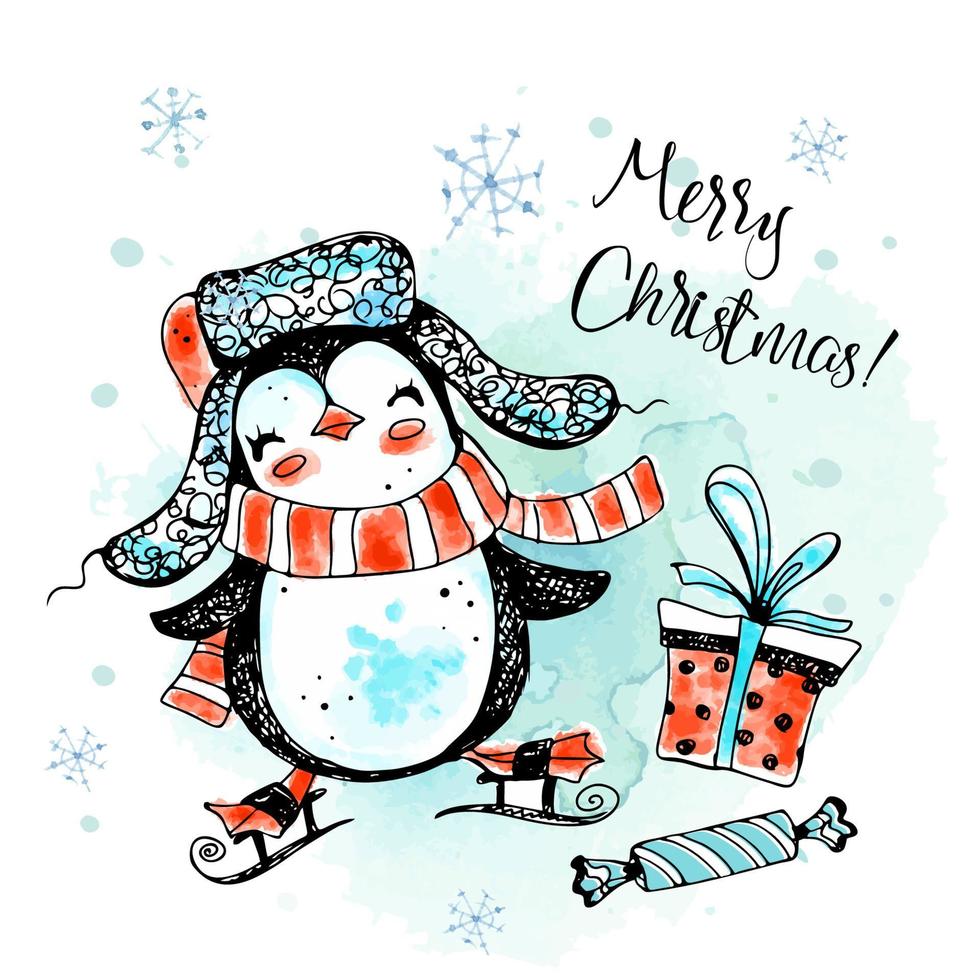 Frohe Weihnachten. ein fröhlicher Pinguin in Mütze und Schal auf Eiskunstlaufschuhen. Neujahrskarte. Aquarell Grafiken. Vektor