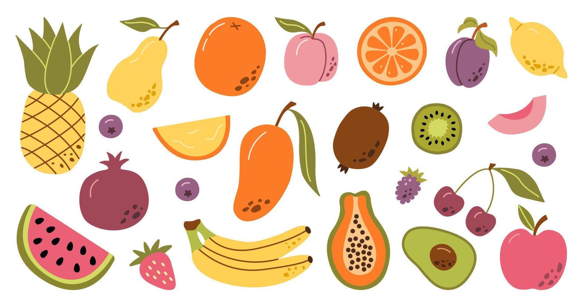 einstellen Hand gezeichnet bunt Gekritzel Früchte. natürlich tropisch Früchte. Apfel, Pfirsich, Banane, Granatapfel, Ananas, Birne. vektor