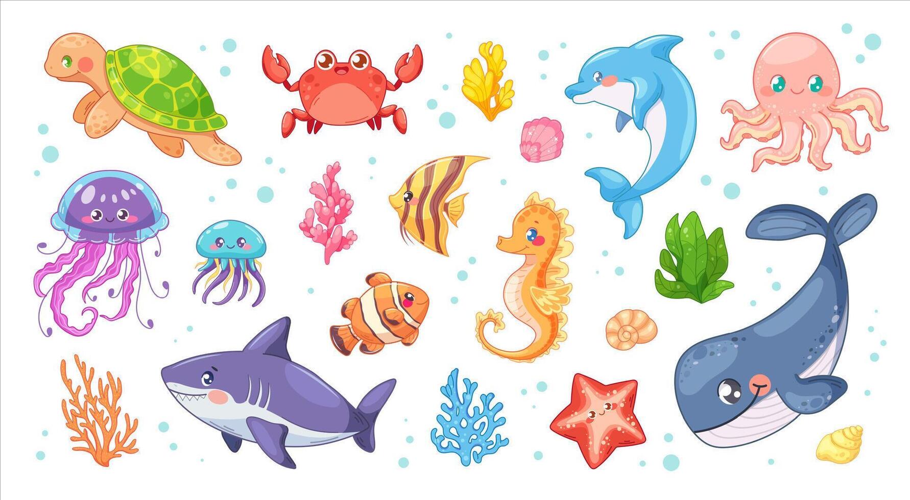 stor marin uppsättning i barnslig stil. vektor illustrationer av hav liv, djur, skal, koraller, fisk. samling på tema av hav i tecknad serie
