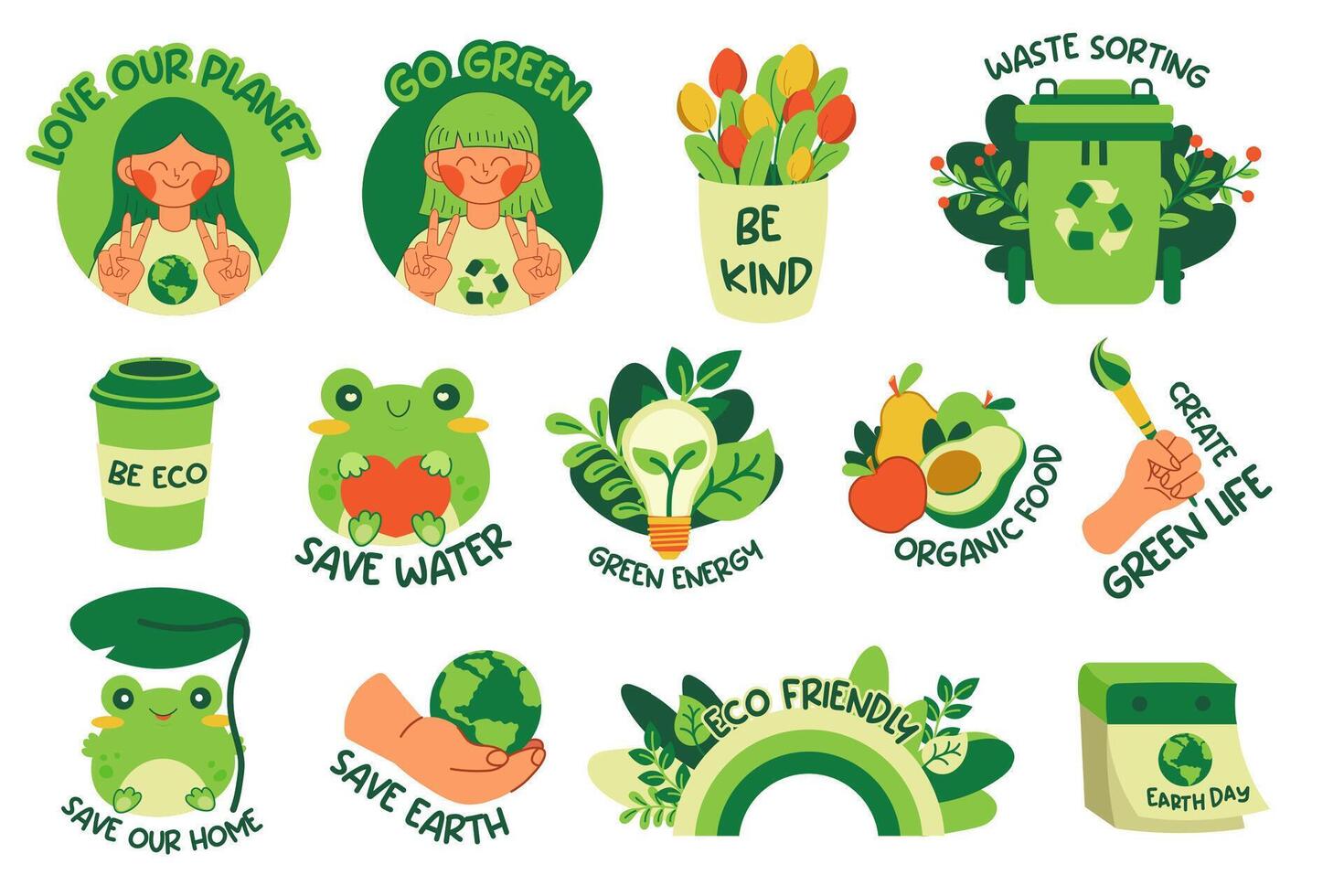 uppsättning av ekologi klistermärken med motiverande fraser. grön vektor ikoner, eco uppsättning. spara de planet, spara vatten, grön energi, kärlek vår planet