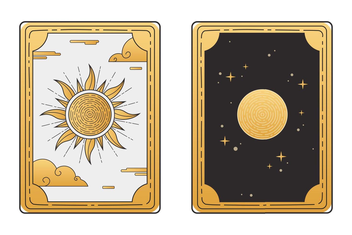 Sol och måne tarot kort i guld och svart på vit bakgrund. vektor illustration av esoterism, astrologi, förmögenhet talande, förutsägelser