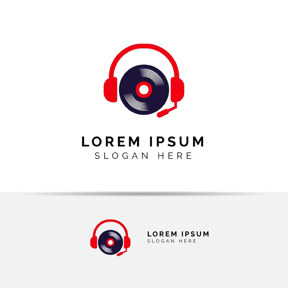 Musik-Logo-Design mit Kopfhörer und Vinyl-Illustration. DJ-Logo-Design-Vorlage vektor