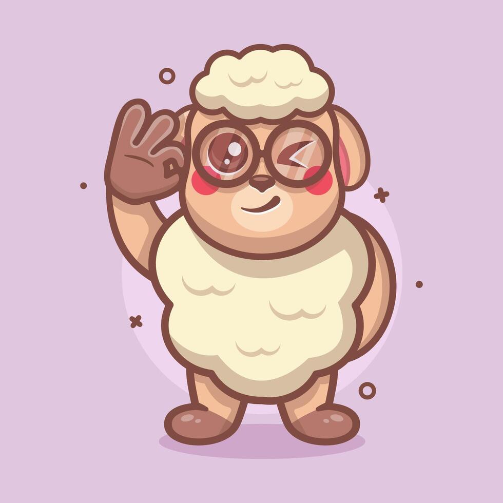 komisch Schaf Tier Charakter Maskottchen mit in Ordnung Zeichen Hand Geste isoliert Karikatur vektor