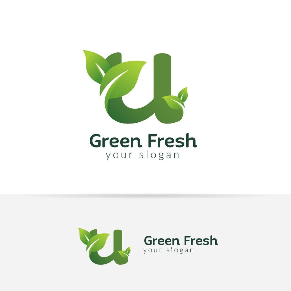 eko grön bokstav u logotyp designmall. gröna alfabetet vektor mönster med gröna och färska blad illustration.