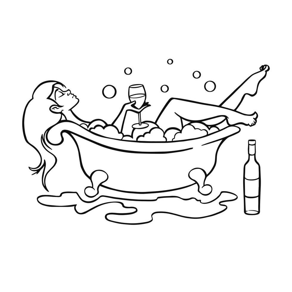 vektor illustration av en ung kvinna liggande i en årgång badkar med en glas av vin. en underbar illustration av avslappning och bekvämlighet.