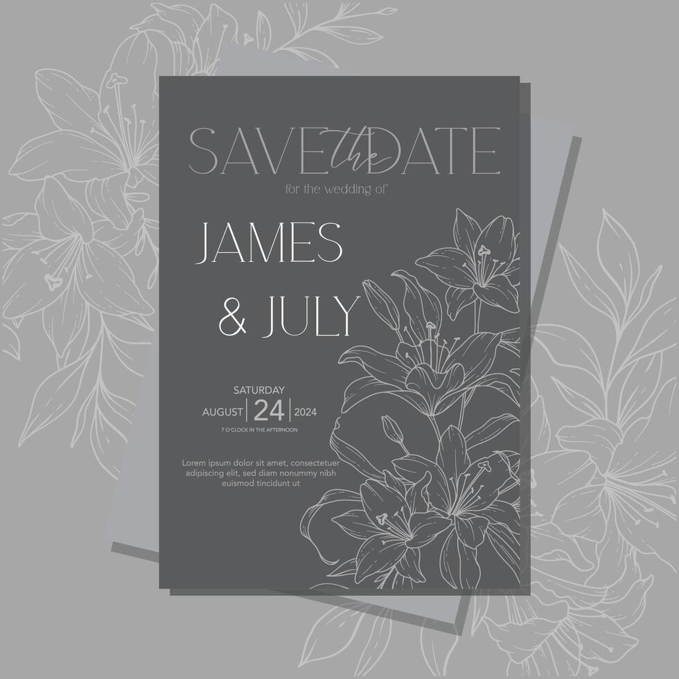 linje konst lilja blomma bröllop inbjudan mall, översikt lilja minimalistisk bröllop brevpapper vektor