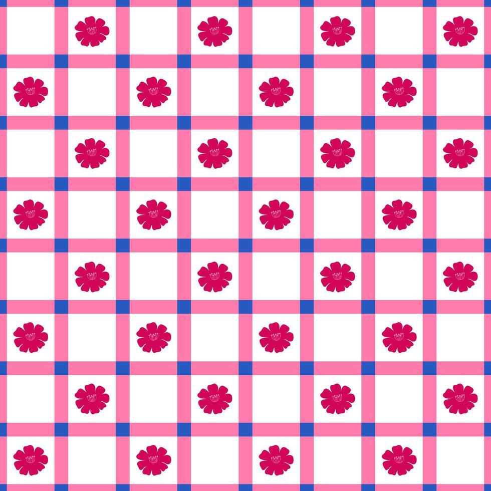 Hallo Frühling süß feminin Hand gezeichnet Hibiskus Plaid nahtlos Muster Vektor Illustration