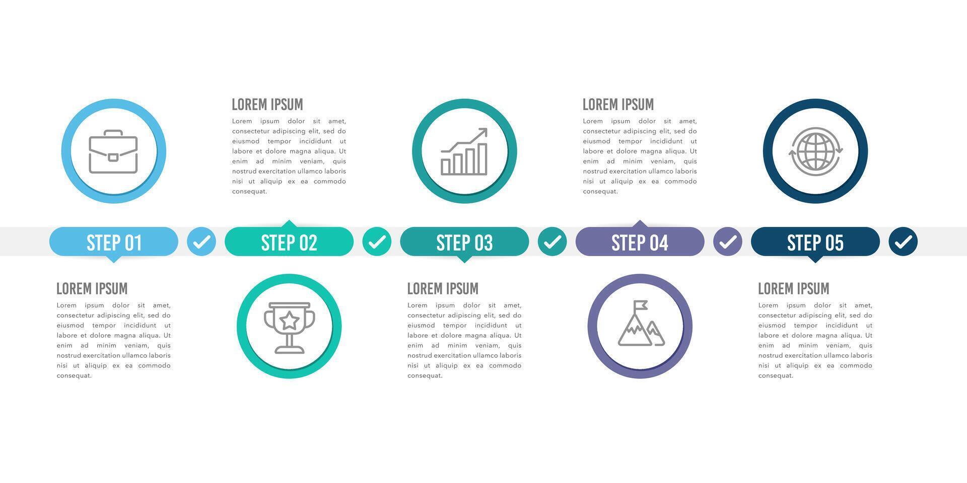 Präsentation Geschäft Infografik Vorlage mit 5 Schritte. Zeitleiste, Meilenstein, Fahrplan, und Projekt. Vektor Illustration.