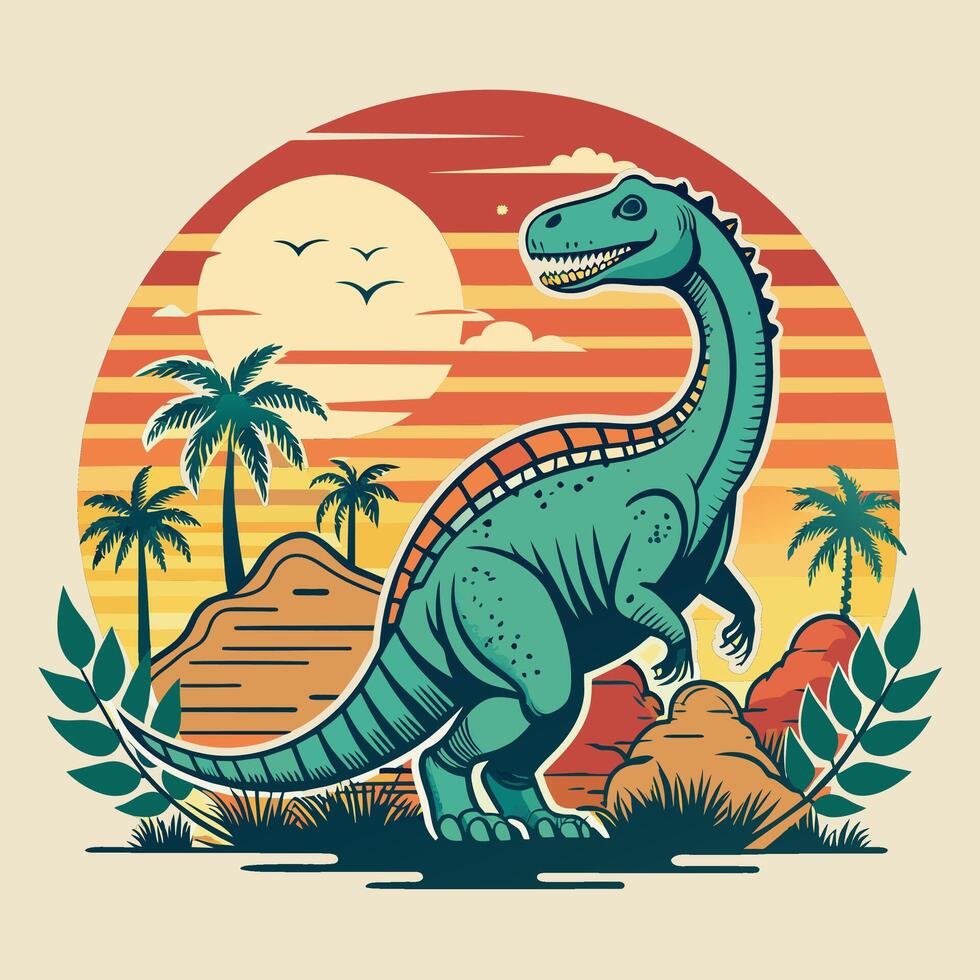 Dinosaurier auf das Hintergrund von das Sonne und Baum. Vektor Illustration.