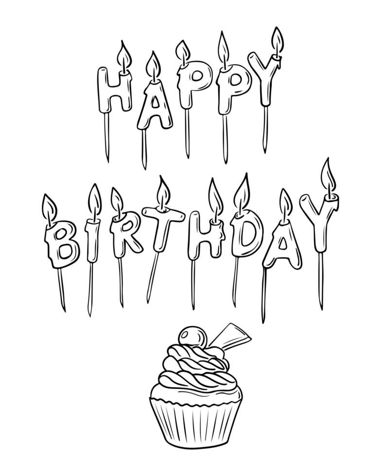 Lycklig födelsedag klotter hälsning kort. vektor kontur oärlig ritningar av ljus och cupcake. svart isolerat element relaterad till födelsedag fest på vit bakgrund. handla för färg sidor, dekoration