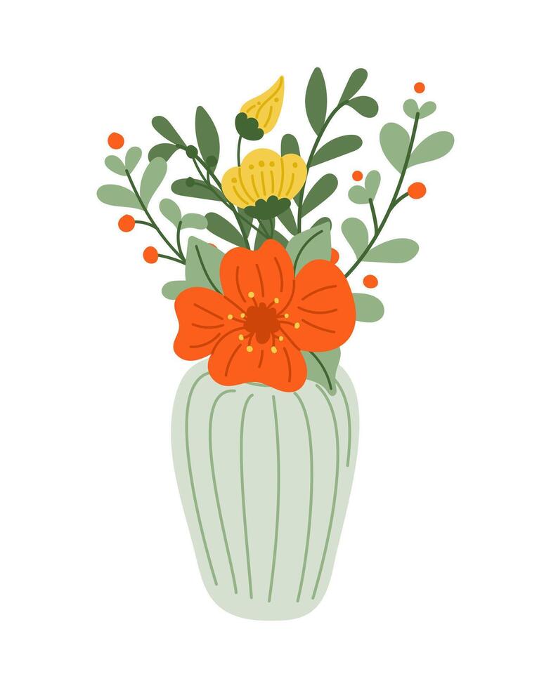 eben Hand gezeichnet Vase mit abstrakt Blumen. Vektor farbig Illustration isoliert auf Weiß Hintergrund. einzigartig drucken Design zum ausdrucken, Poster, Innere. Frühling modern Konzept