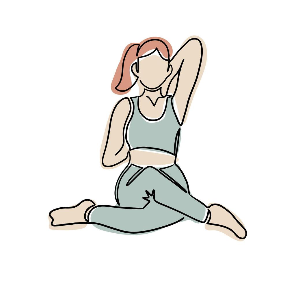 Zeichnung von jung Frau im Yoga Pose im Boho Stil. Hand gezeichnet Single Linie Symbol von weiblich Körper tun Yoga Übungen. Kontur Vektor Komposition isoliert auf Weiß Hintergrund.