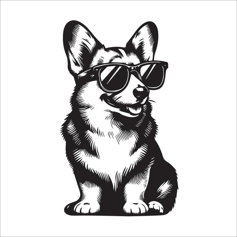 ai genererad svart och vit welsh corgi hund bär solglasögon illustration vektor