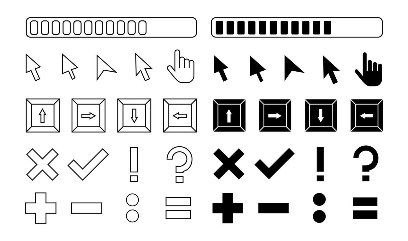 retro pc Tasten und Schnittstelle Elemente, Design Grafik, Aufkleber im Gliederung und Fett gedruckt Varianten. Vektor Illustration.