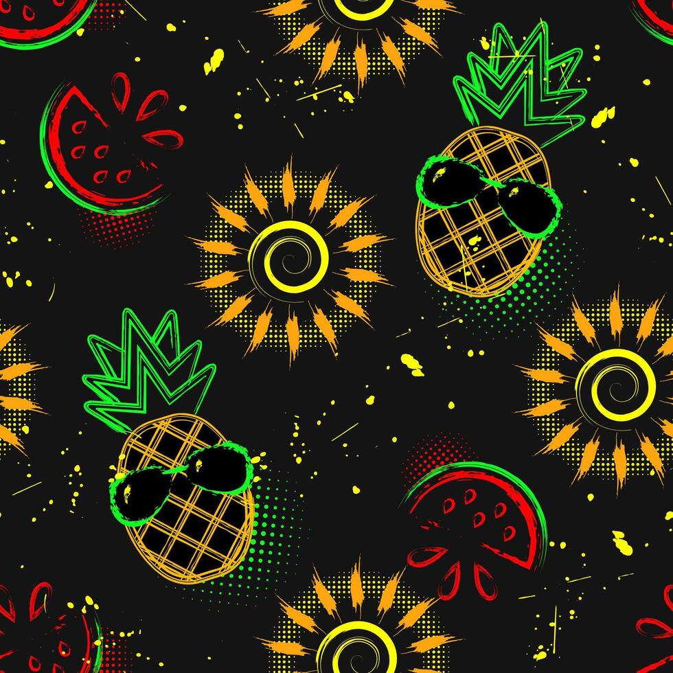 sommar sömlös mönster med ikoner av ananas, vattenmelon, Sol ikon, befläckade måla. ljus lysande neon färger. översikt, kontur illustrationer. vektor