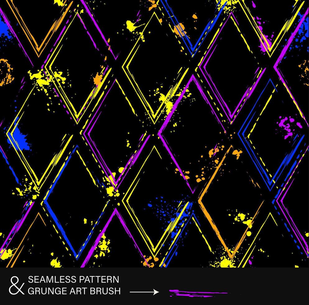 Muster mit Rhombus geometrisch Netz, Farbe Bürste Schlaganfälle, bespritzt Farbe von Neon- hell Farben. virtuell abstrakt Hintergrund Grunge Stil zum Sport Waren, Drucke, Kleidung, t Hemd Design, Vinyl wickeln vektor