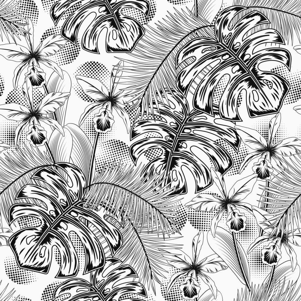 sömlös mönster med tropisk vegetation, runda halvton former på vit bakgrund. monstera, handflatan löv, orkide. detaljerad svartvit illustration för grafik, kläder, Kläder, yta design vektor
