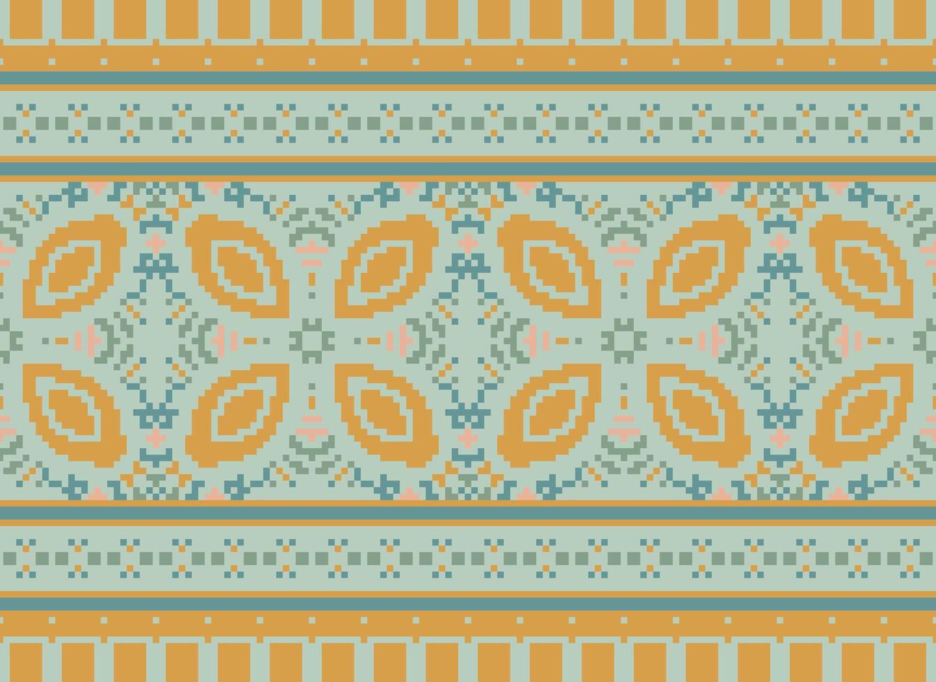 afrikanisch Ikat Pixel Blumen- Paisley Stickerei Hintergrund. geometrisch ethnisch orientalisch Muster traditionell.aztekisch Stil abstrakt Vektor illustration.design zum Textur, Stoff, Kleidung, Verpackung, Teppich.