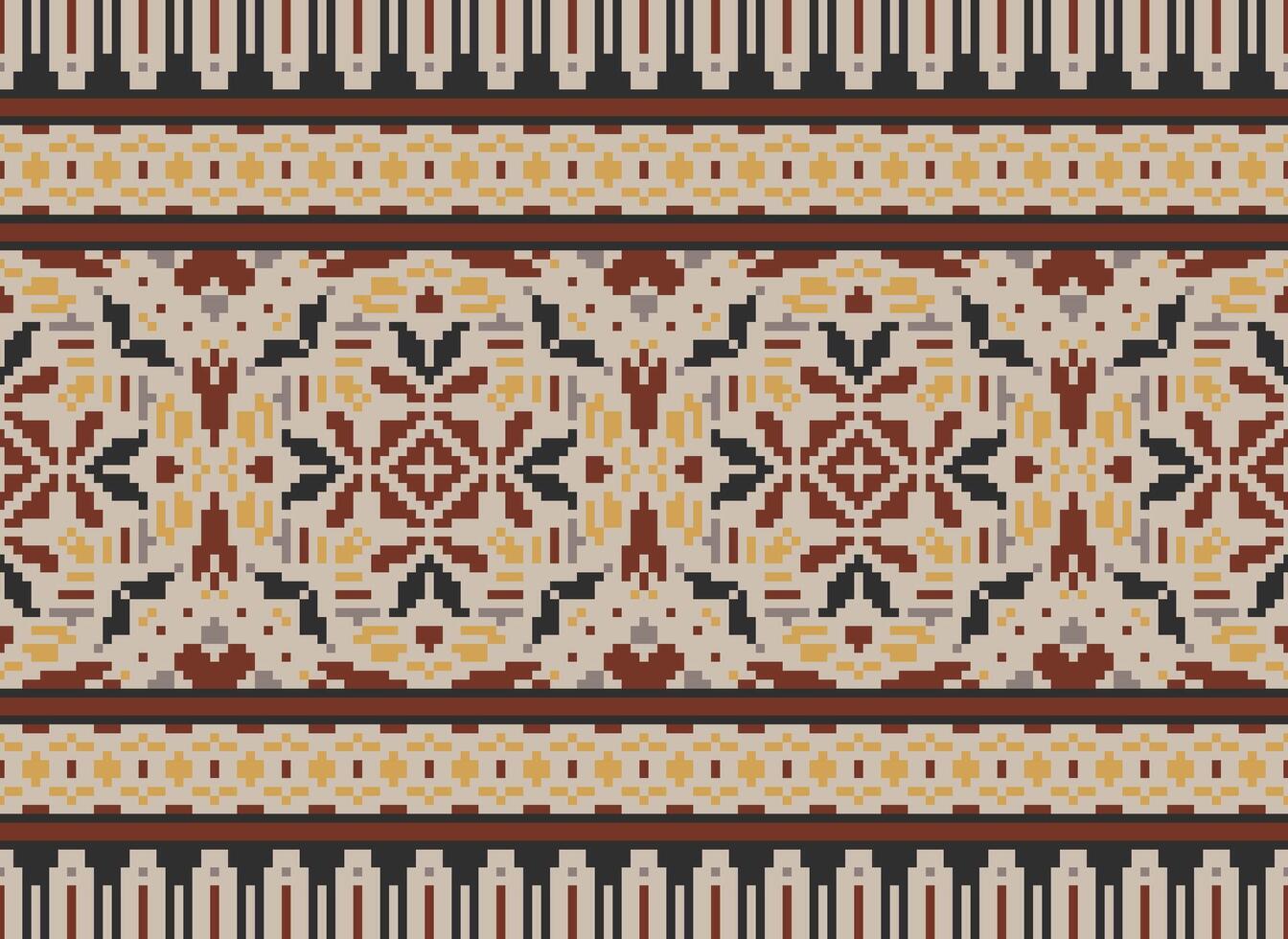 Blume Stickerei auf braun Hintergrund. Ikat und Kreuz Stich geometrisch nahtlos Muster ethnisch orientalisch traditionell. aztekisch Stil Illustration Design zum Teppich, Hintergrund, Kleidung, Verpackung, Batik. vektor