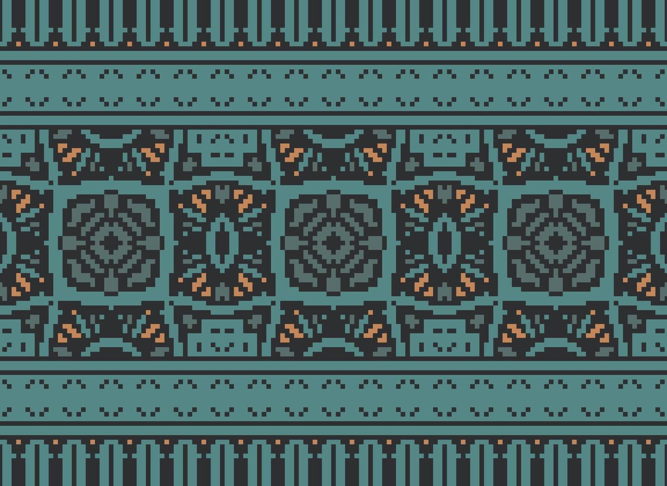 afrikanisch Ikat Pixel Blumen- Paisley Stickerei Hintergrund. geometrisch ethnisch orientalisch Muster traditionell.aztekisch Stil abstrakt Vektor illustration.design zum Textur, Stoff, Kleidung, Verpackung, Teppich.