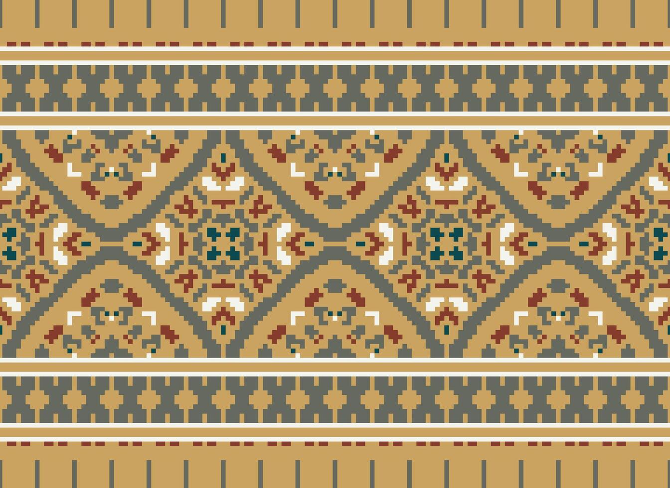blomma broderi på brun bakgrund. ikat och korsa sy geometrisk sömlös mönster etnisk orientalisk traditionell. aztec stil illustration design för matta, tapet, Kläder, omslag, batik. vektor