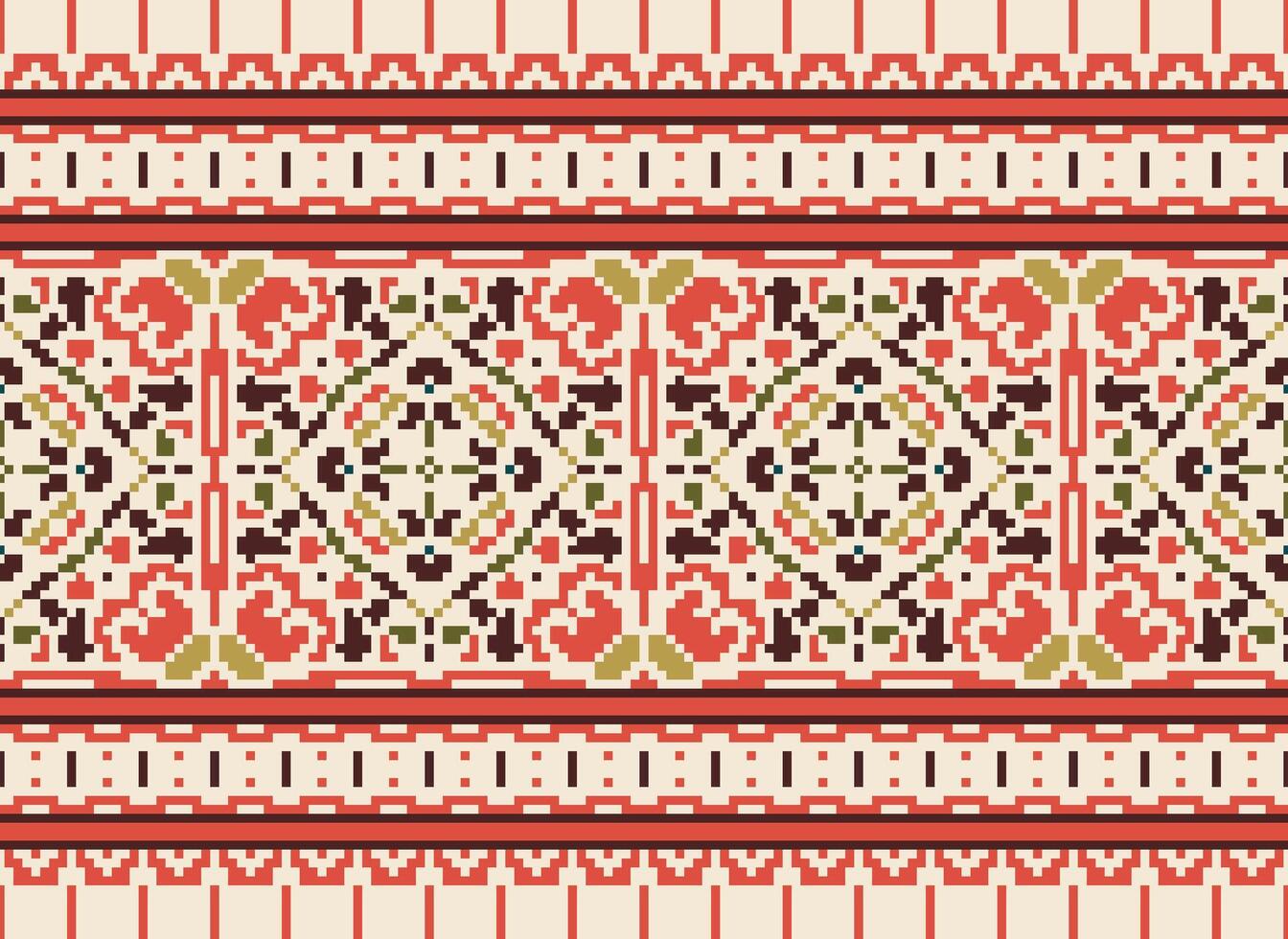 Pixel Stickerei ethnisch Muster, Vektor geometrisch aufwendig Hintergrund, Kreuz Stich retro Zickzack- Stil, Muster Stricken kontinuierlich, Design zum Textil, Stoff, Keramik, Digital drucken