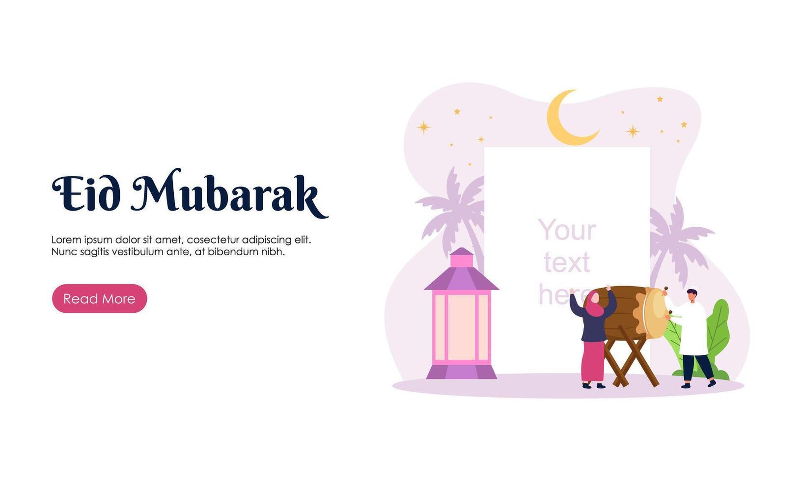 glücklich eid Mubarak oder Ramadan Gruß mit Menschen Charakter Illustration. islamisch Design Vorlage zum Banner, Landung Seite oder Poster. vektor