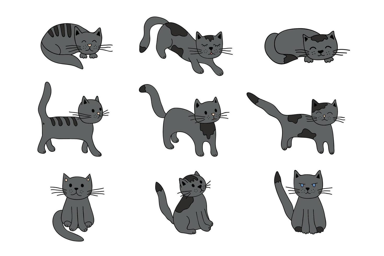 Hand gezeichnet Katze Clip Art. süß Haustier Gekritzel einstellen vektor