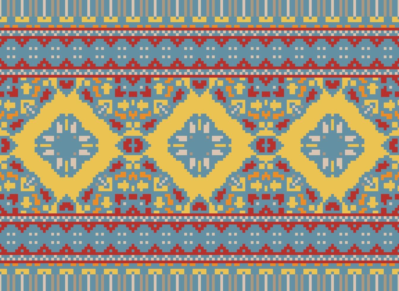 afrikanisch Ikat Pixel Blumen- Paisley Stickerei Hintergrund. geometrisch ethnisch orientalisch Muster traditionell.aztekisch Stil abstrakt Vektor illustration.design zum Textur, Stoff, Kleidung, Verpackung, Teppich.