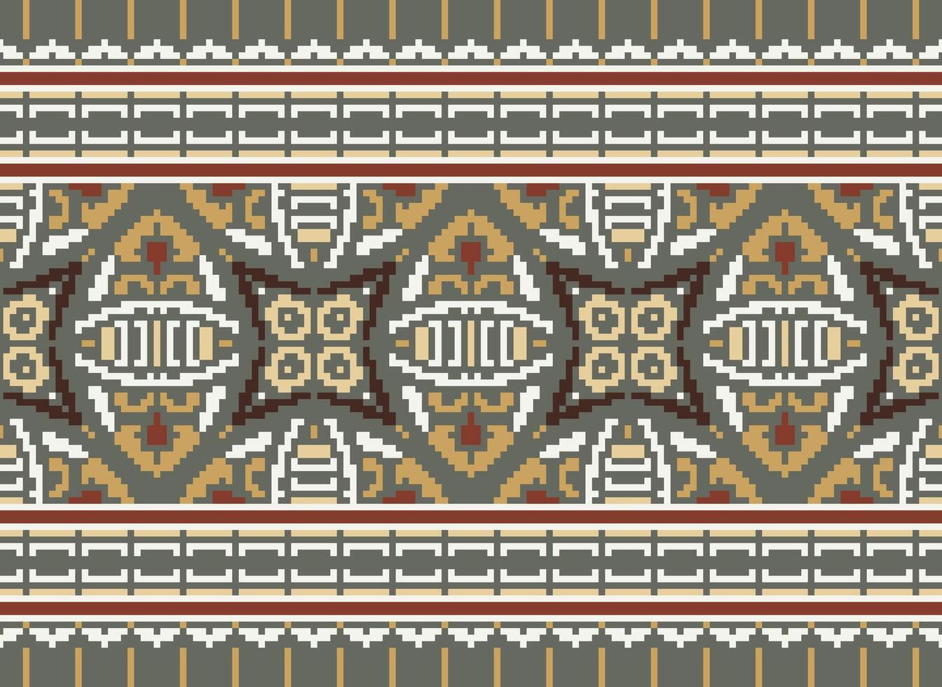 Blume Stickerei auf braun Hintergrund. Ikat und Kreuz Stich geometrisch nahtlos Muster ethnisch orientalisch traditionell. aztekisch Stil Illustration Design zum Teppich, Hintergrund, Kleidung, Verpackung, Batik. vektor