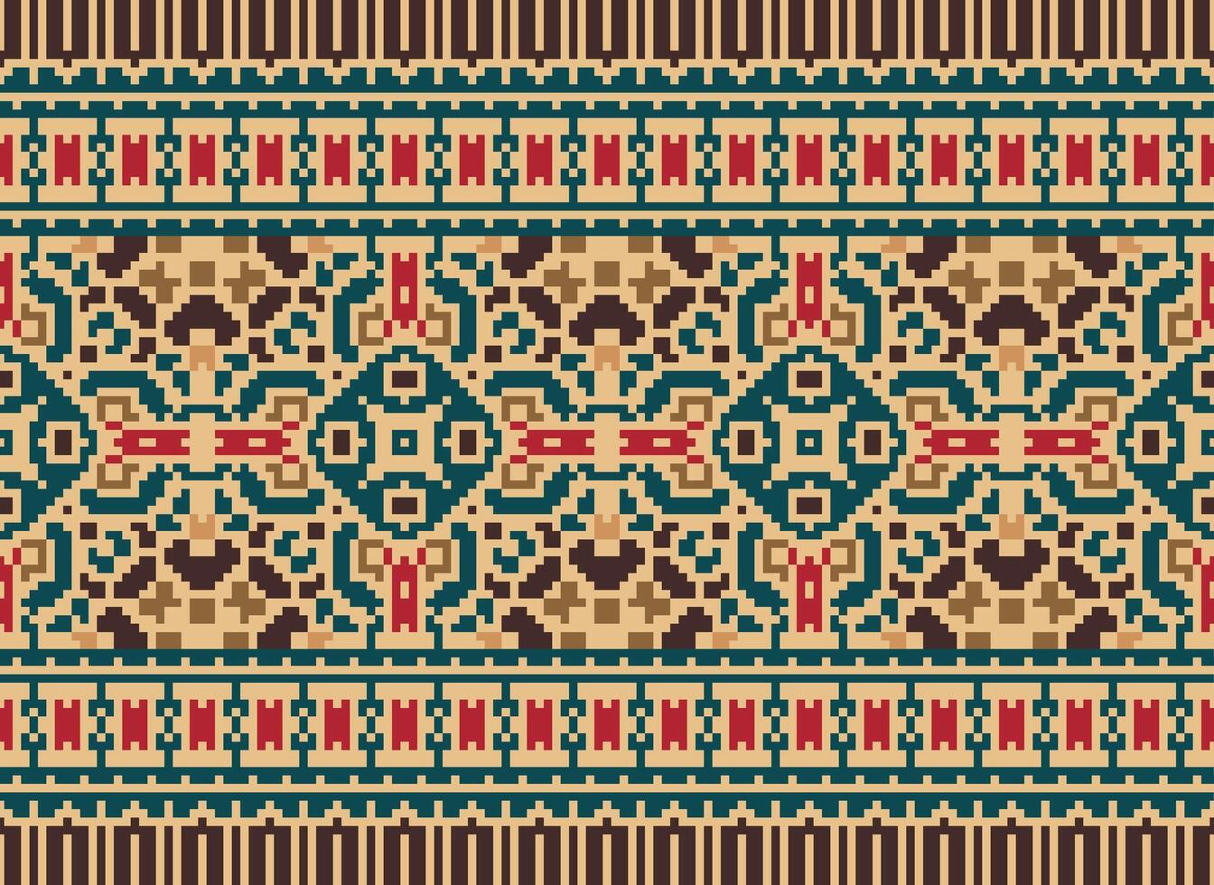 pixel korsa sy mönster med blommig mönster. traditionell korsa sy handarbete. geometrisk etnisk mönster, broderi, textil- ornament, tyg, hand sys mönster, pixel konst. vektor