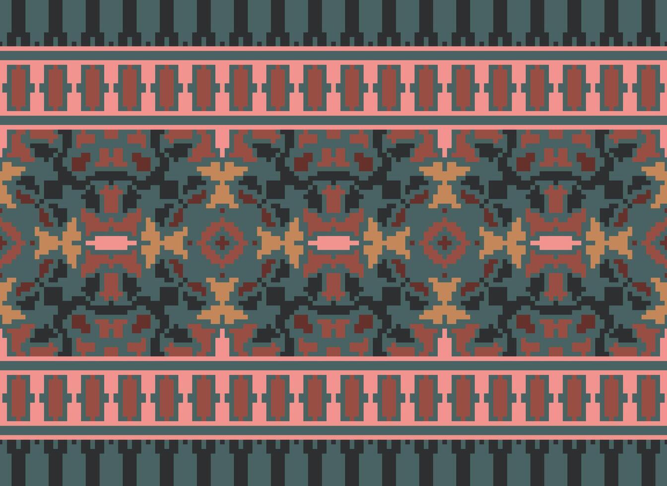 afrikanisch Ikat Pixel Blumen- Paisley Stickerei Hintergrund. geometrisch ethnisch orientalisch Muster traditionell.aztekisch Stil abstrakt Vektor illustration.design zum Textur, Stoff, Kleidung, Verpackung, Teppich.