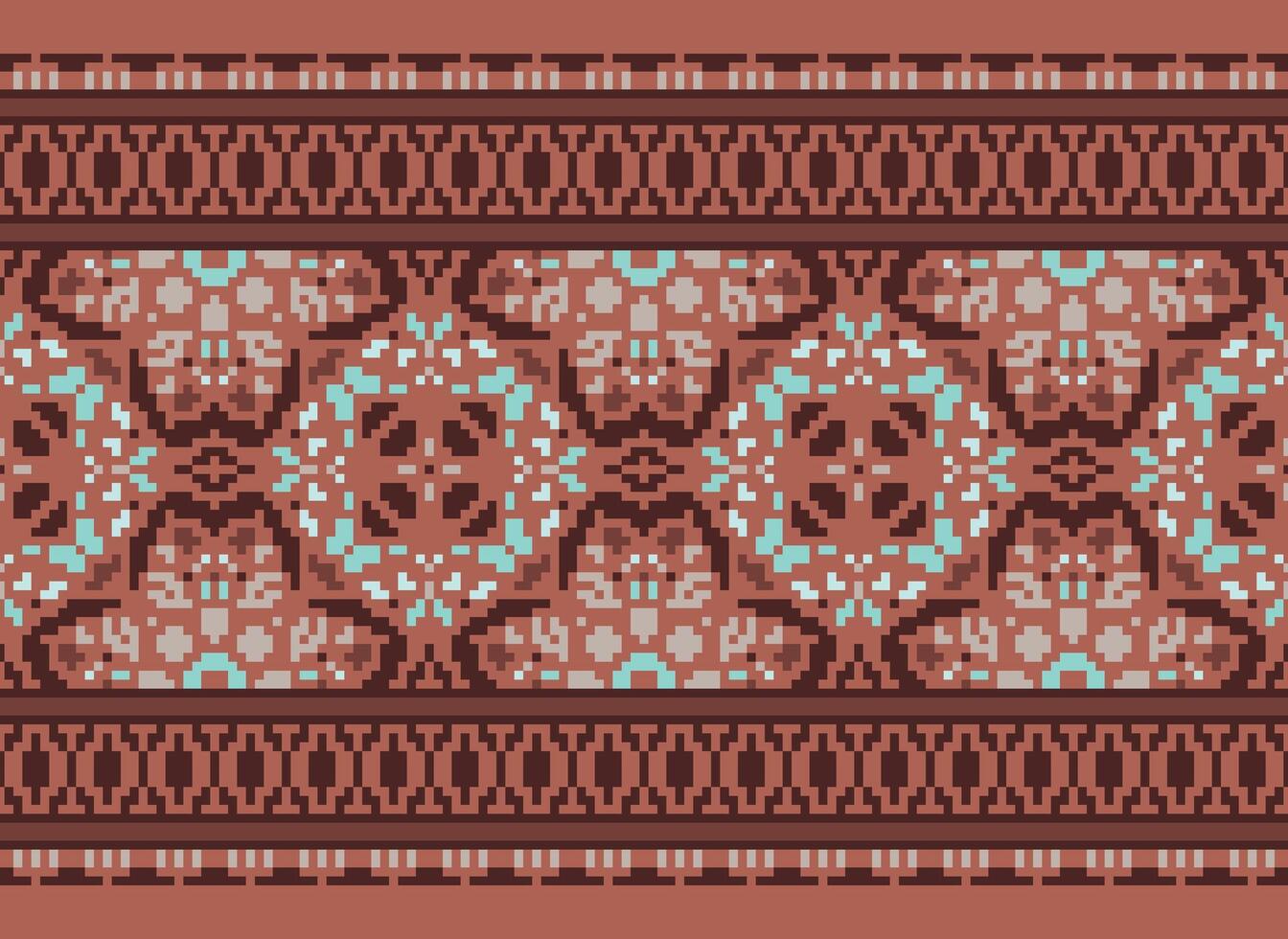 blomma broderi på brun bakgrund. ikat och korsa sy geometrisk sömlös mönster etnisk orientalisk traditionell. aztec stil illustration design för matta, tapet, Kläder, omslag, batik. vektor