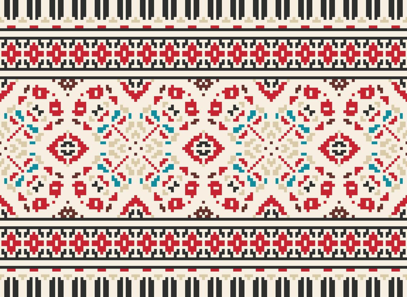 Blume Stickerei auf braun Hintergrund. Ikat und Kreuz Stich geometrisch nahtlos Muster ethnisch orientalisch traditionell. aztekisch Stil Illustration Design zum Teppich, Hintergrund, Kleidung, Verpackung, Batik. vektor