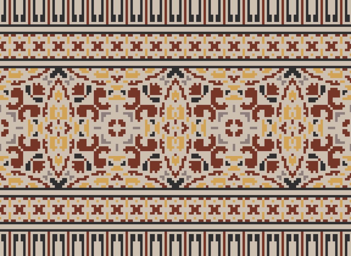 Blume Stickerei auf braun Hintergrund. Ikat und Kreuz Stich geometrisch nahtlos Muster ethnisch orientalisch traditionell. aztekisch Stil Illustration Design zum Teppich, Hintergrund, Kleidung, Verpackung, Batik. vektor