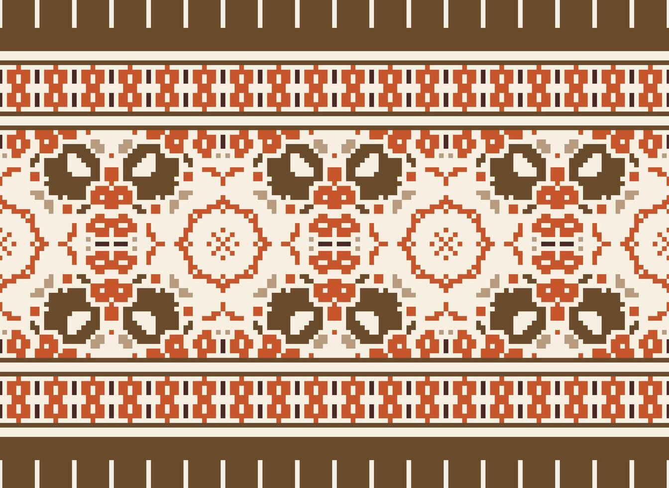 blomma broderi på brun bakgrund. ikat och korsa sy geometrisk sömlös mönster etnisk orientalisk traditionell. aztec stil illustration design för matta, tapet, Kläder, omslag, batik. vektor