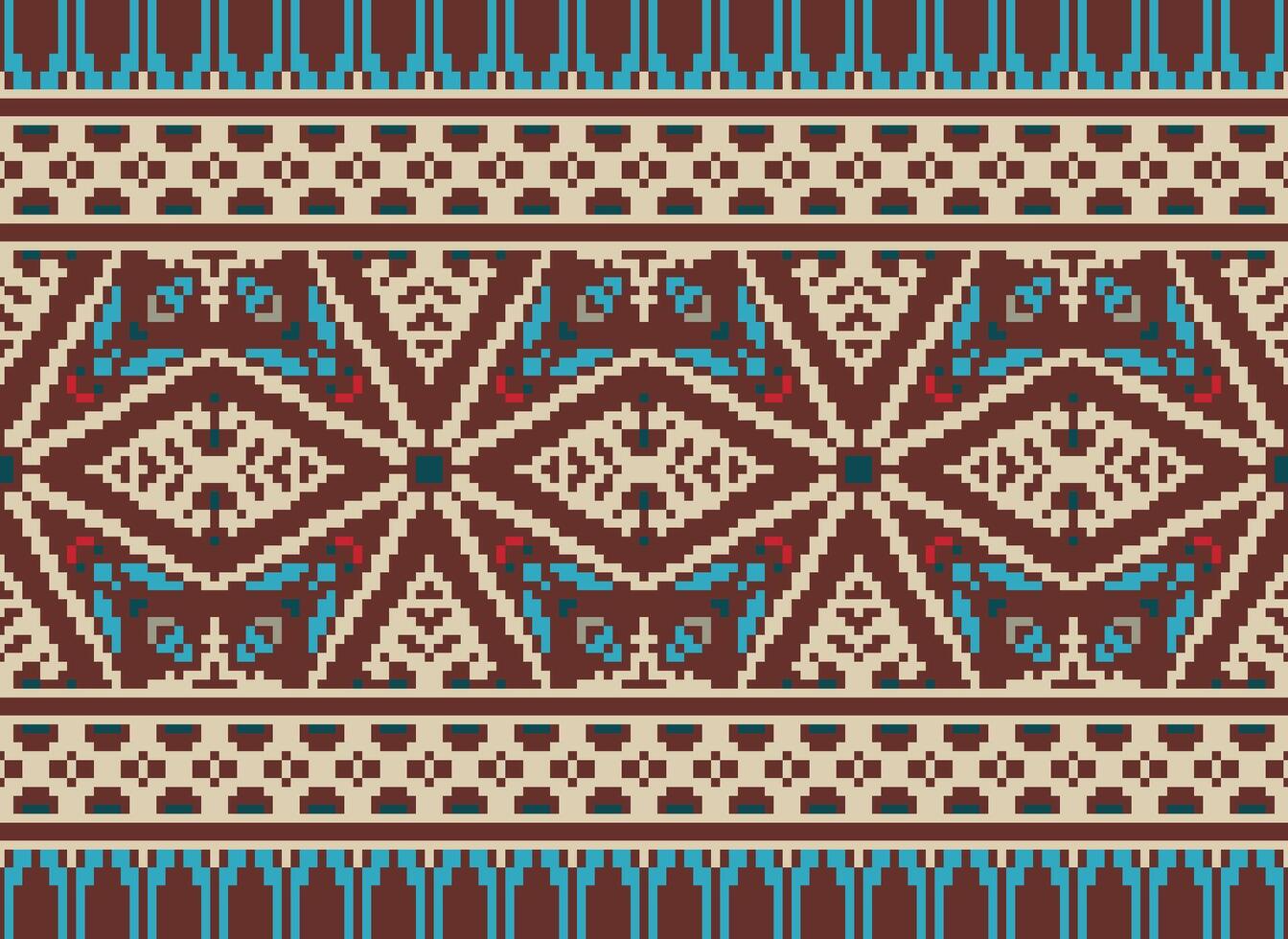 Blume Stickerei auf braun Hintergrund. Ikat und Kreuz Stich geometrisch nahtlos Muster ethnisch orientalisch traditionell. aztekisch Stil Illustration Design zum Teppich, Hintergrund, Kleidung, Verpackung, Batik. vektor