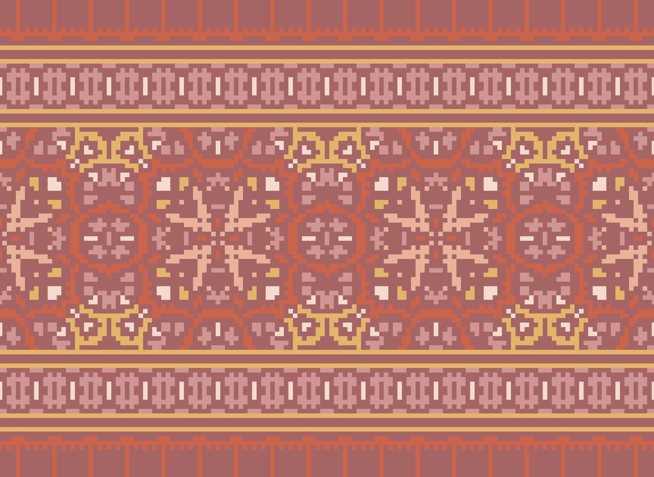 afrikanisch Ikat Pixel Blumen- Paisley Stickerei Hintergrund. geometrisch ethnisch orientalisch Muster traditionell.aztekisch Stil abstrakt Vektor illustration.design zum Textur, Stoff, Kleidung, Verpackung, Teppich.