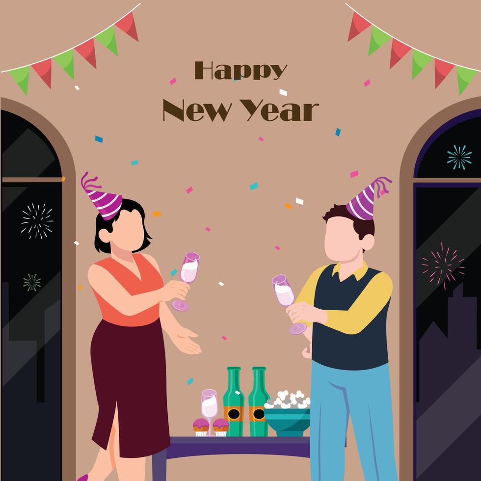 glücklich Neu Jahr 2024 Konzept. glücklich Menschen sind feiern das Neu Jahr 2024. Männer, Frauen Figuren, und Neu Jahr Feier. glücklich Gefühle sind feiern Feiertage. vektor