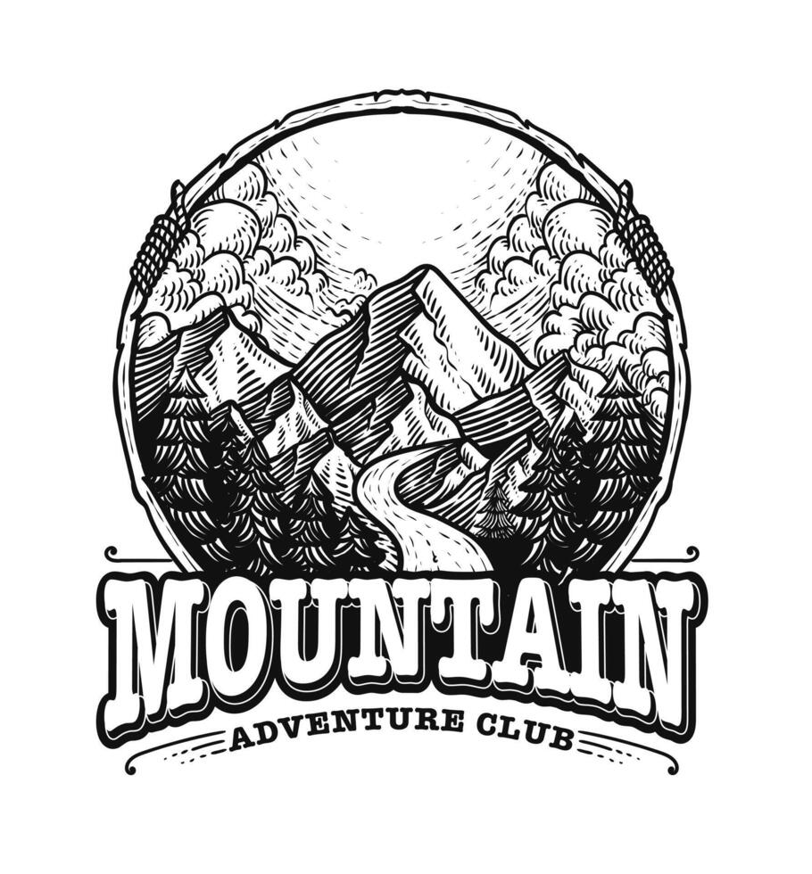 vektor av berg logotyp, utomhus- äventyr, emblem design, årgång logotyp