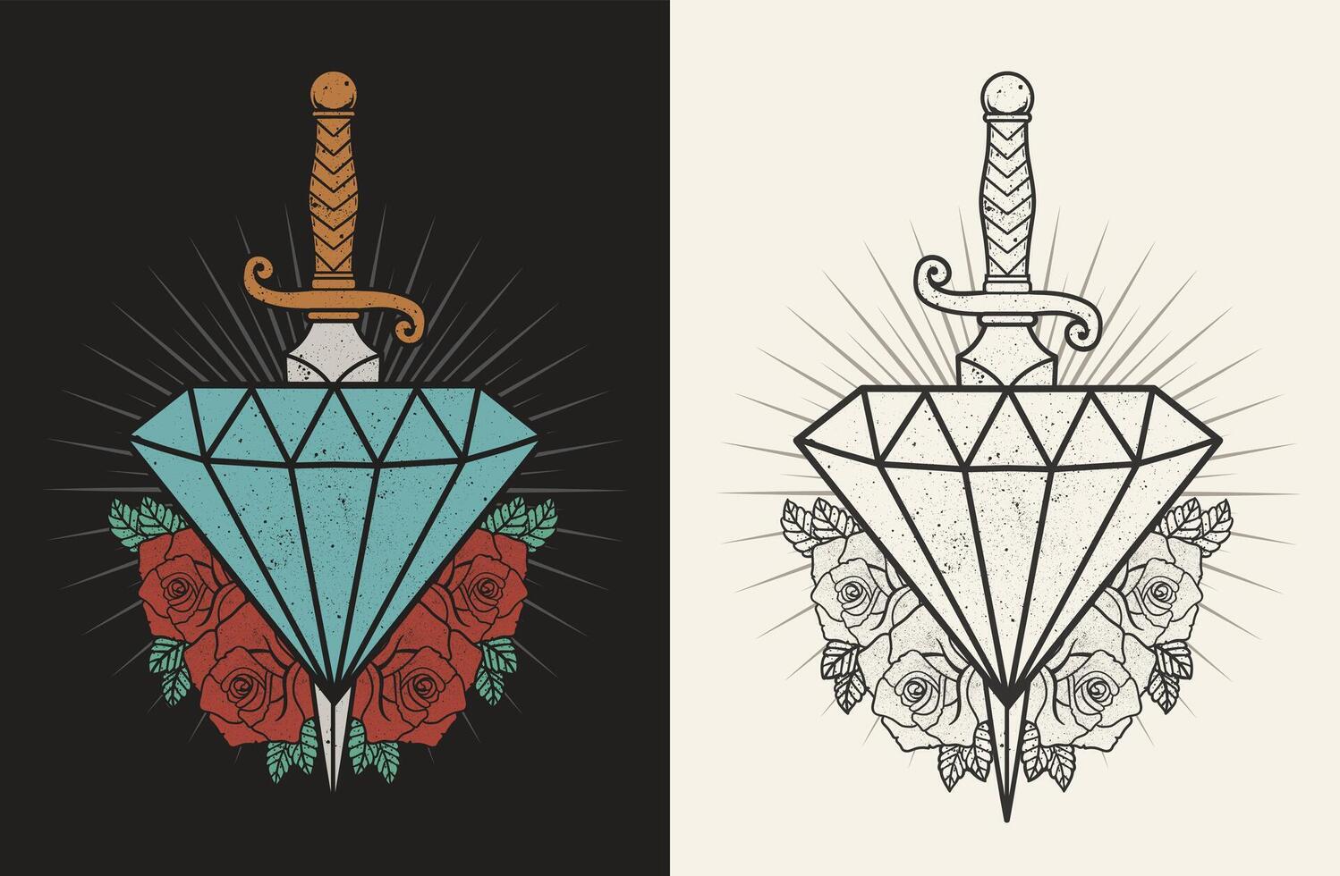 uppsättning illustration diamant med kniv och reste sig blommor vektor