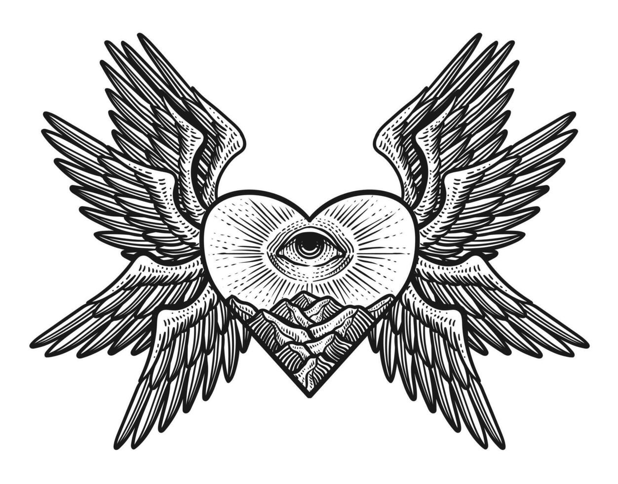 Illustration von Herz Flügel Engel mit Illuminaten Augen. vektor