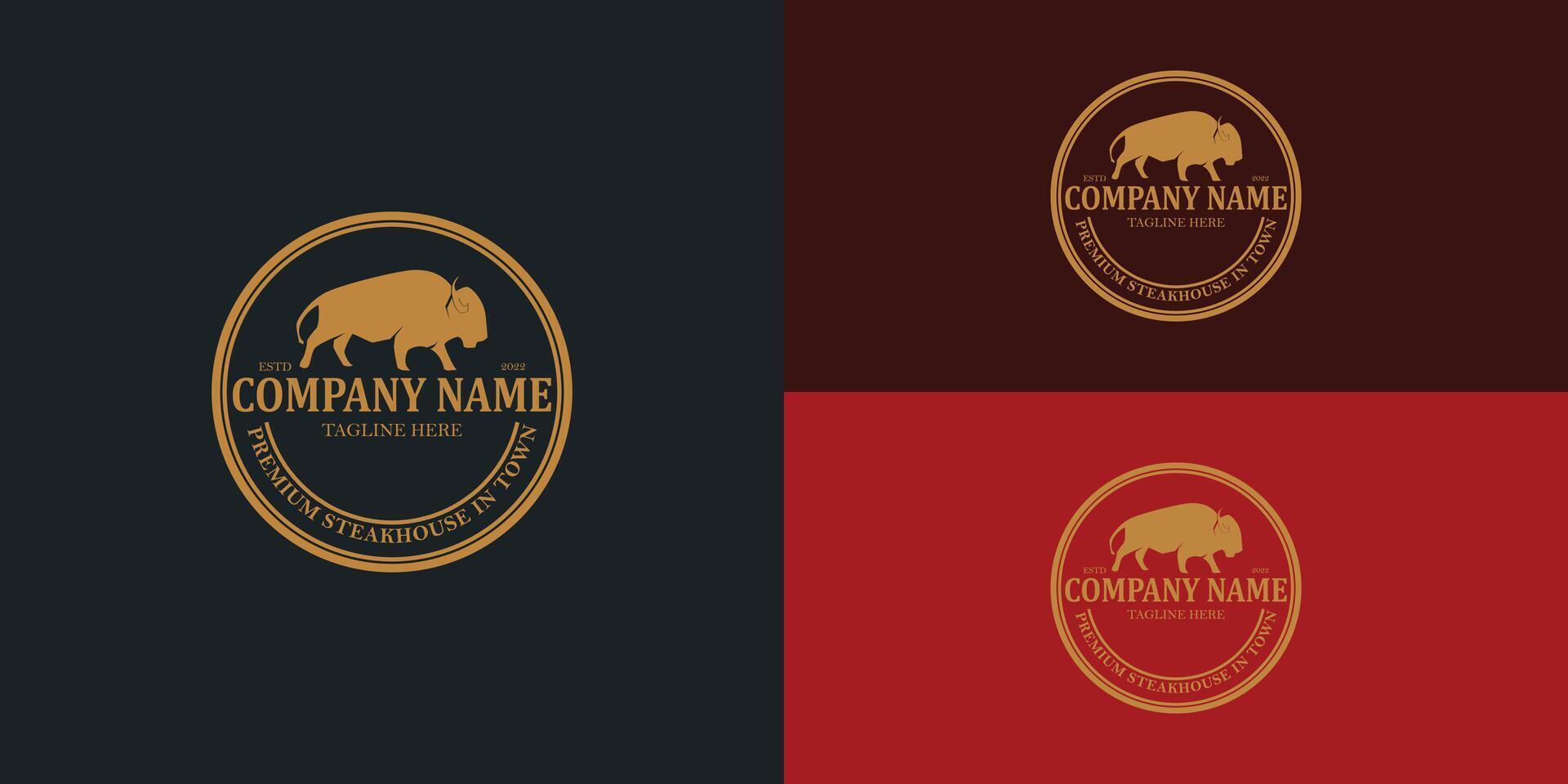 Bison Stier Büffel Angus Silhouette Steak Jahrgang retro Logo im Luxus Gold Farbe isoliert auf mehrere Hintergrund Farben. das Logo ist geeignet zum Steak Haus Restaurant Geschäft Symbol Logo Design vektor