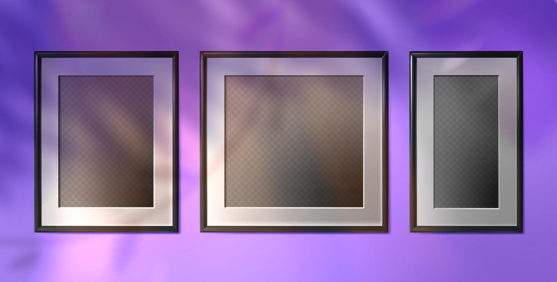 vektor realistisk attrapp med tömma Foto ramar för bilder på violett bakgrund med tropisk handflatan löv skugga täcka över effekt. uppsättning av vertikal posters tom på vägg med solljus från fönster