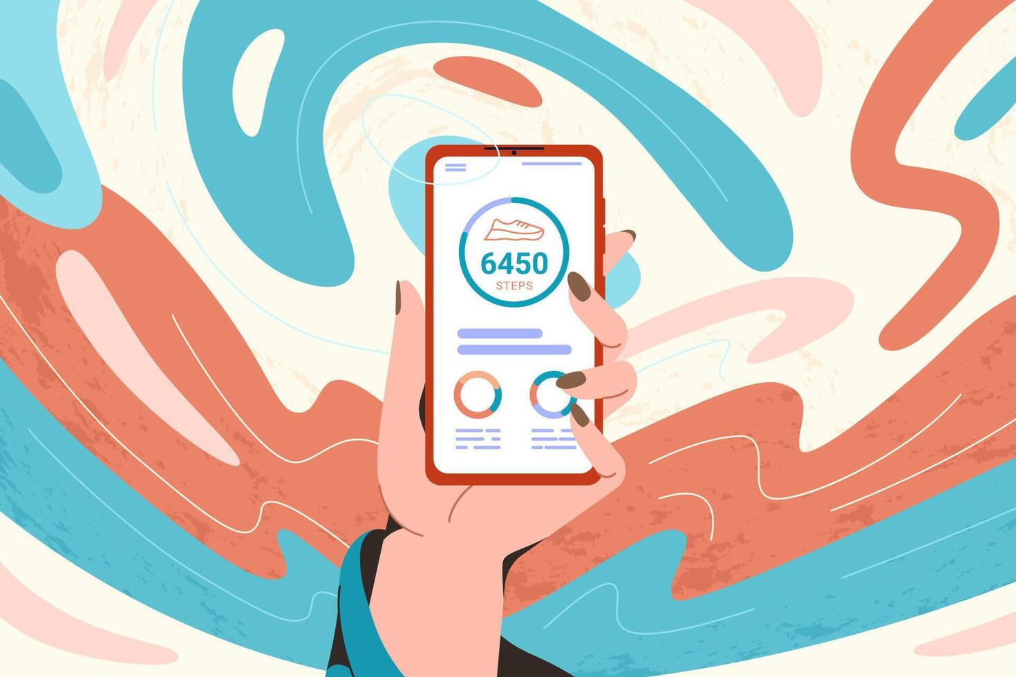 hand kvinna håll mobil telefon med stegräknare eller kondition spårare. steg disken app på smartphone platt vektor illustration. sensor till räkna steg och Spår dagligen gående framsteg på enhet skärm
